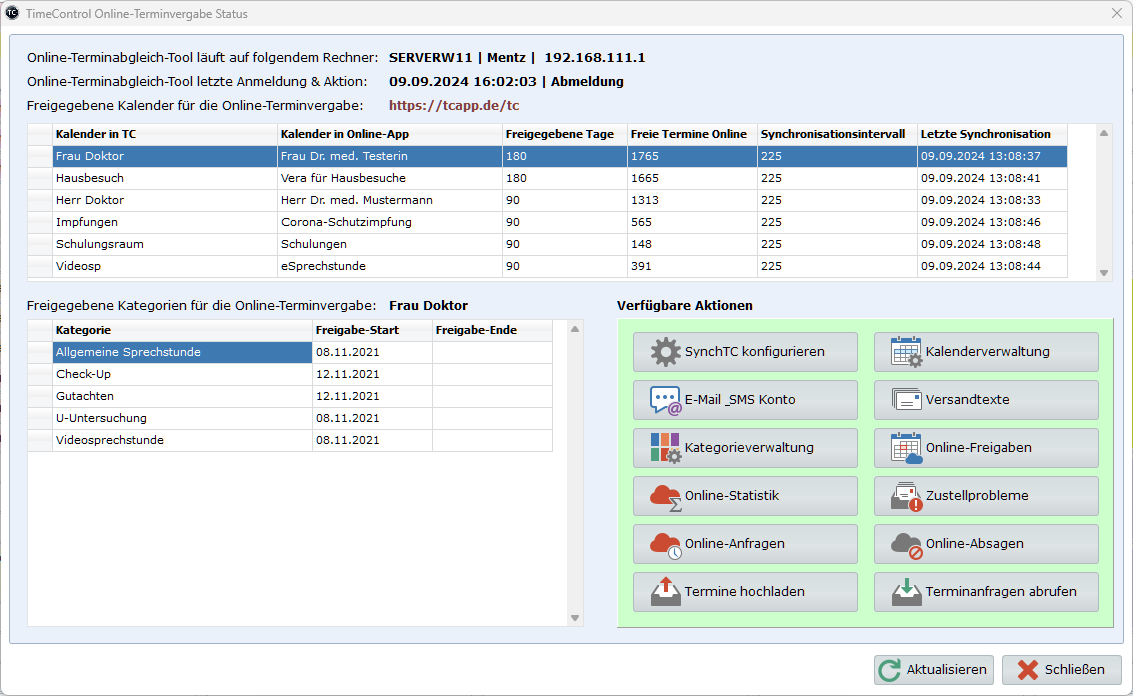 Übersicht Online-Terminvergabe TimeControl